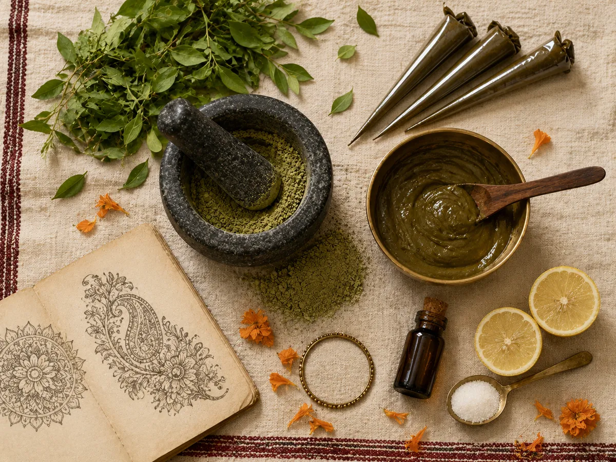 Organic henna powder, fresh paste, cones, lemon and essential oils — Shraddha's natural henna preparation